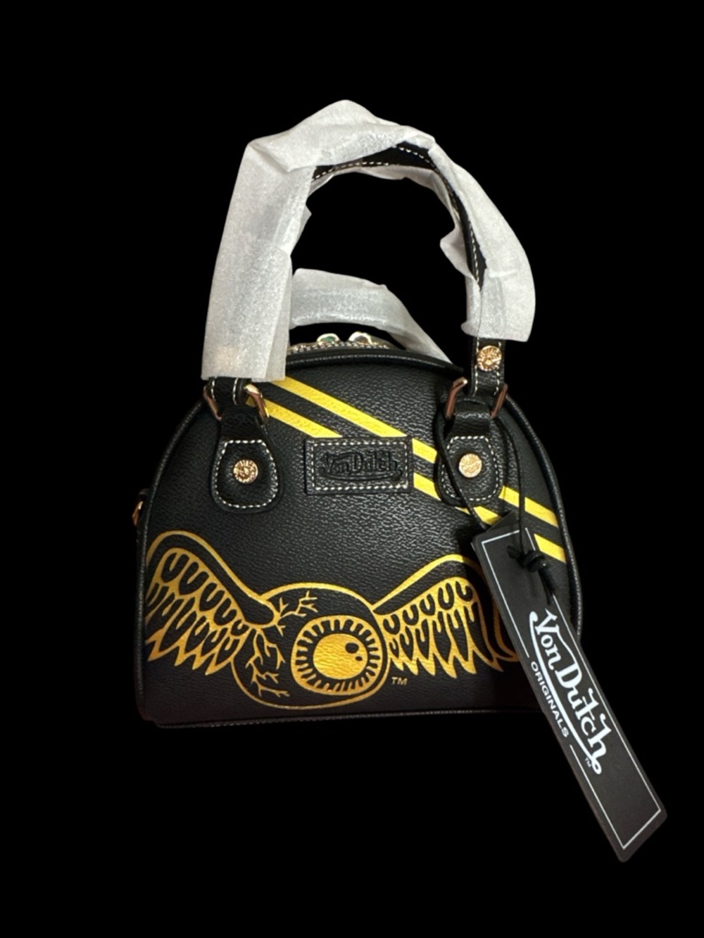 NWT $149msrp Von Dutch Black & Gold Winged Mini Satchel
